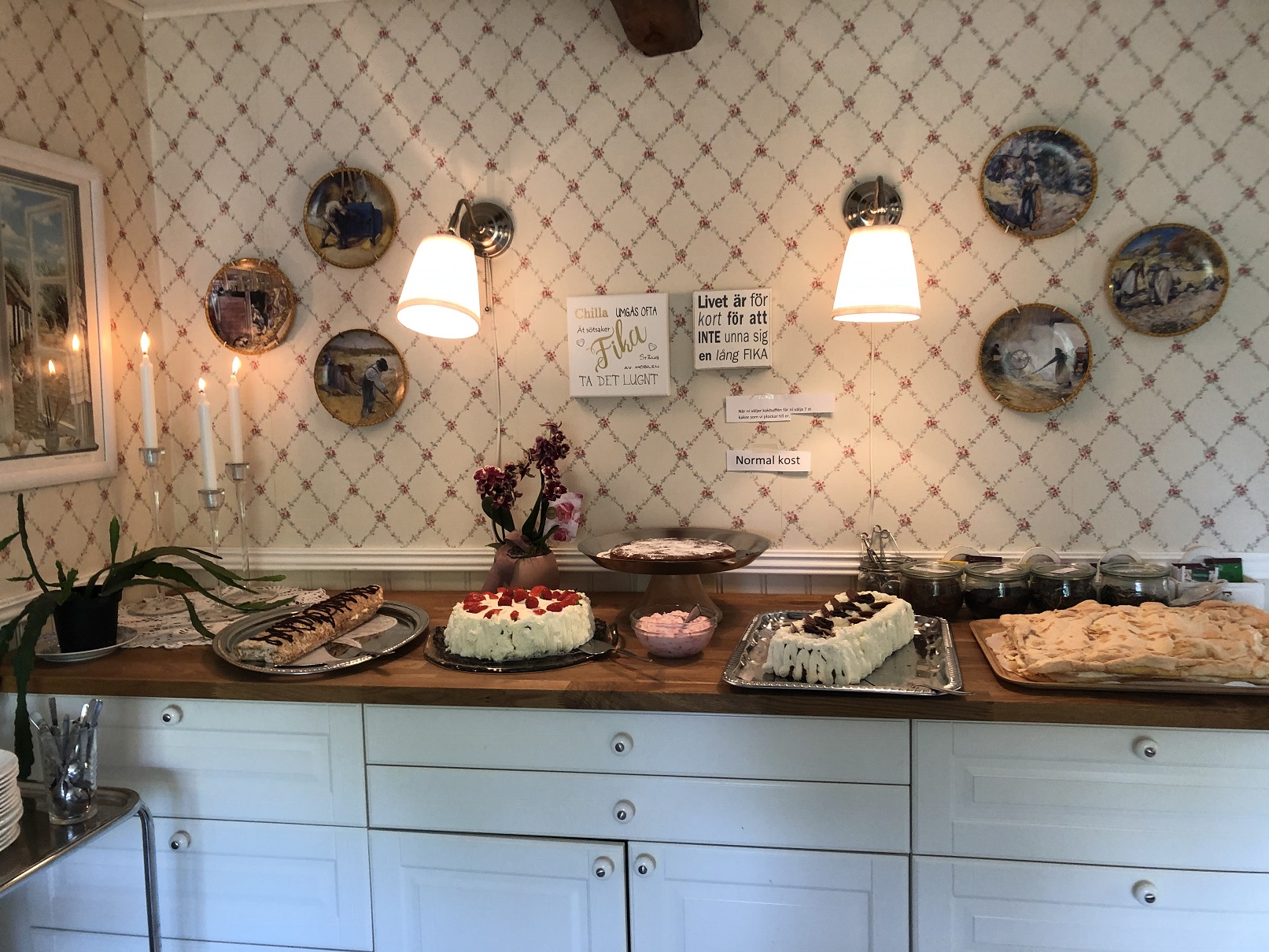 Dessert buffet counter with cakes and pastries